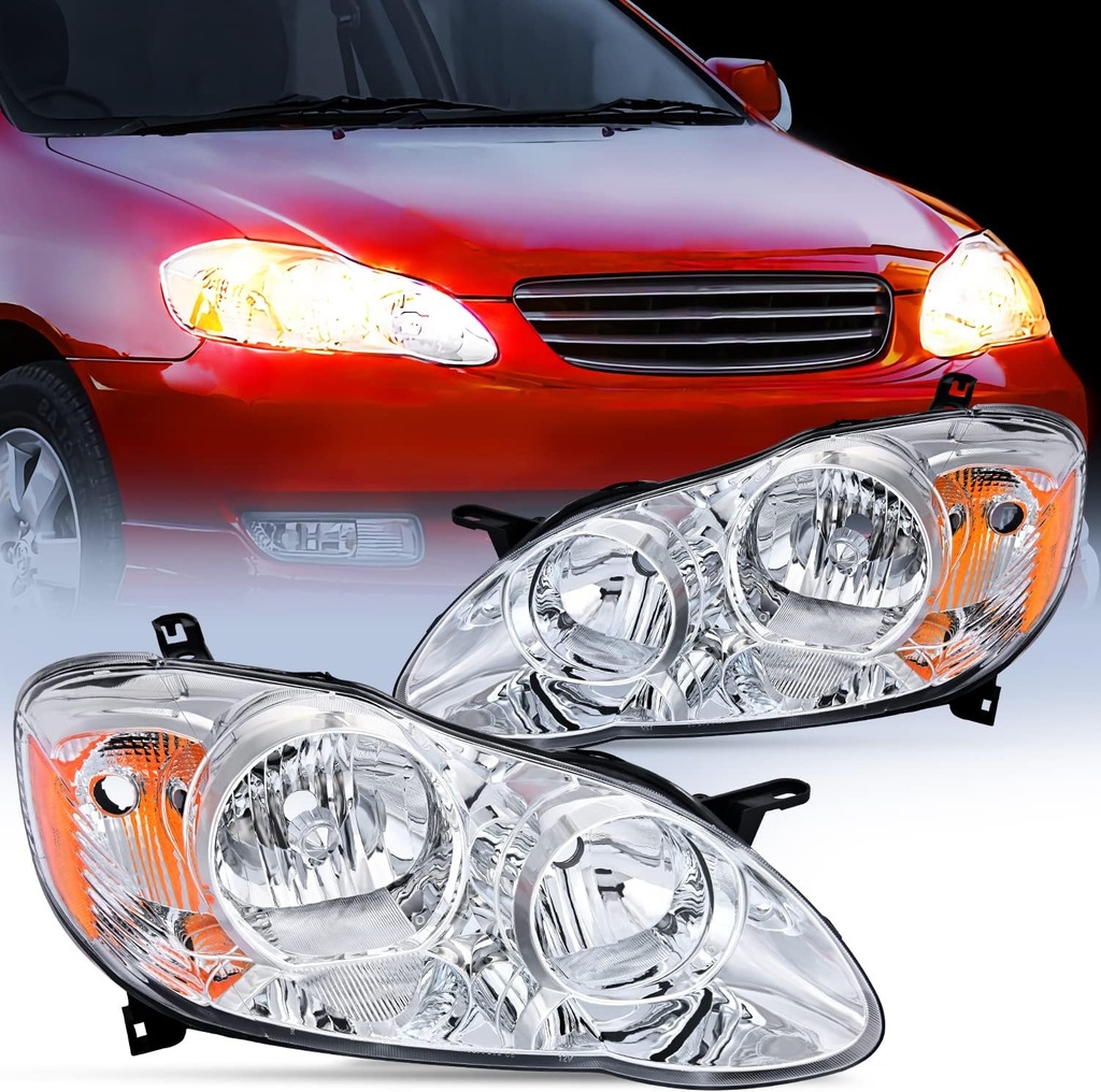 Conjunto de focos de carcasa cromada ámbar reflector lente transparente, compatibles con Toyota Corolla 2003-2008.